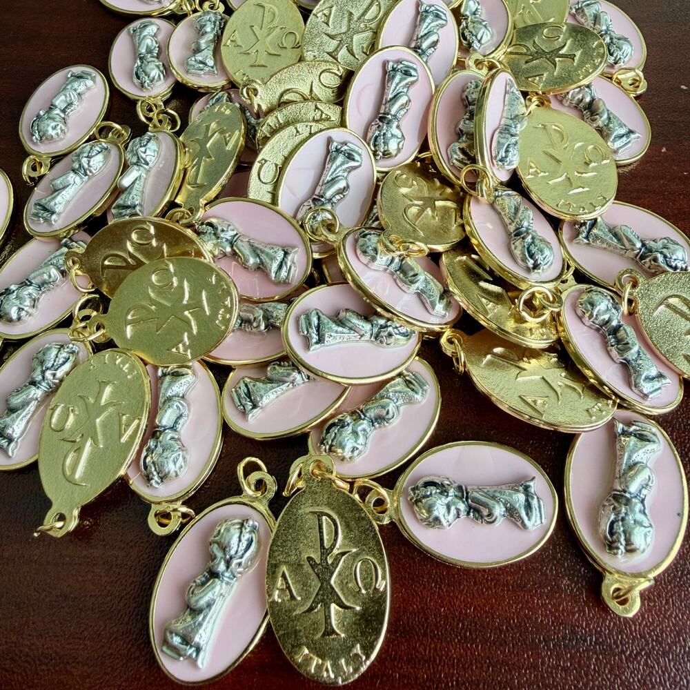 60 Charms, Pink Girl Two-Tone Communion Medals, Made in Italy,  Size 1"